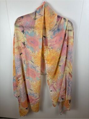 Bindya Cashmere Silk Scarf Pastel Floral Burnout Shawl Wrap Pink Blue Luxury